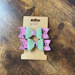 Handcrafted One of A Kind Faux Leather Kids Glitter Green & Pink Bow Hair Clips